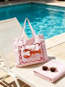 Casual Striped Canvas Tote Bag, Fun Lobster Print, Large Capacity Summer Beach Shoulder Bag, With Small Makeup Bag, Women's Casual Travel Shopping Handbag, Zipper Coin Purse, Daily Casual Handbag, Suitable For Beach, Travel, Camping, School, Outdoor Activities, Daily Life, Unique Birthday Gift, Holiday Gift, Party Gift, Vacation Gift, Back To School Gift - Multicolor - View 8