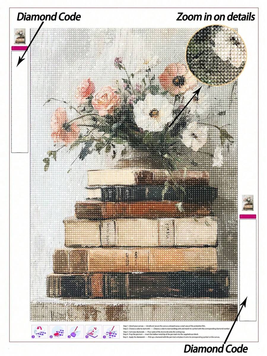 5D DIY 鑽石畫靜態書本牆面藝術鑽石畫套組,重筆觸油畫風格牆面藝術印畫,適合書房、學習室、臥室裝飾,含鑽石畫工具組,舒緩心情 - 彩色 - 查看 1