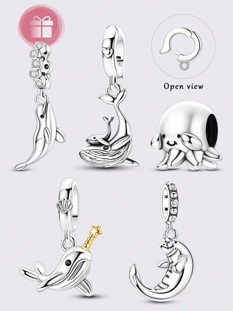 1pc Silver-Plated Ocean Pendant With Openable Clasp Design, Cute Octopus, Narwhal, Manatee Charm, Suitable For Original Brand Bracelet Necklace DIY Matching For Daily Wear And Party - Silver - View 1