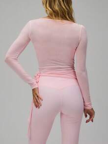 Women's Minimalist Casual Sports Style Long Sleeve Front Tie Cardigan, Autumn Outfit, Winter Outfit, Commute, Vacation, Casual - Pink - View 2