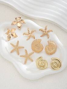 Juego de 2/10 piezas de pendientes de botón dorados con diseño minimalista elegante de flor, estrella de mar y concha para mujer, versátiles para uso diario, verano, playa, vacaciones, citas, fiestas, días festivos y regalo de cumpleaños - Amarillo Oro - Ver 4