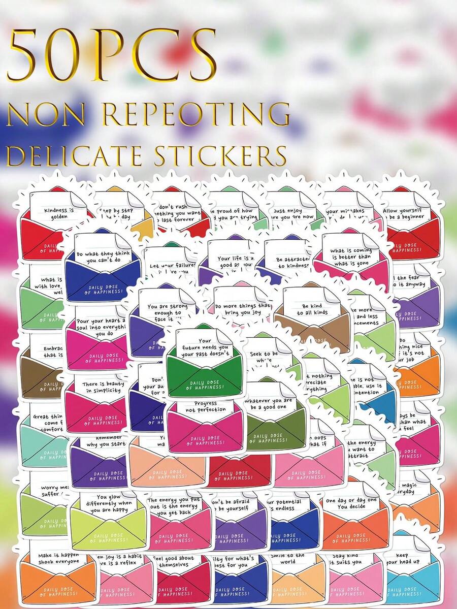 50PCS,Daily Dose Of Happiness Stickers,PVC Material,Creative And Aesthetic Design Sticker,Each One Is Different,Suitable For Mobile Phone Cases, Tablets, Laptops, Suitcases, Cars, Notebooks, Handwritten Diaries And More. - 50pcs - View 1