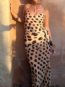 DOUCIU Sheer Polka Dot Irregular Cami Top & Long Skirt 2 Pieces Sets Island Vacation Style - Khaki - View 1