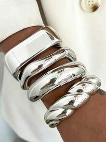 4/3/1pc Set Minimalist High-Polished Shiny Silver CCB Square Solid Smooth Wavy Twisted Wide Open Cuff Bracelet Set For Women, Daily Commute, Office, Banquet, Party, Beach, Vacation, Date, Wedding, Holiday, Gift, Multi-Layer Stacking, Simple Metal Bangle Accessory - Silver - View 2