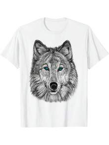 T-shirt graphique noir et blanc avec imprimé visage de loup intrépide - Blanc - Voir 1