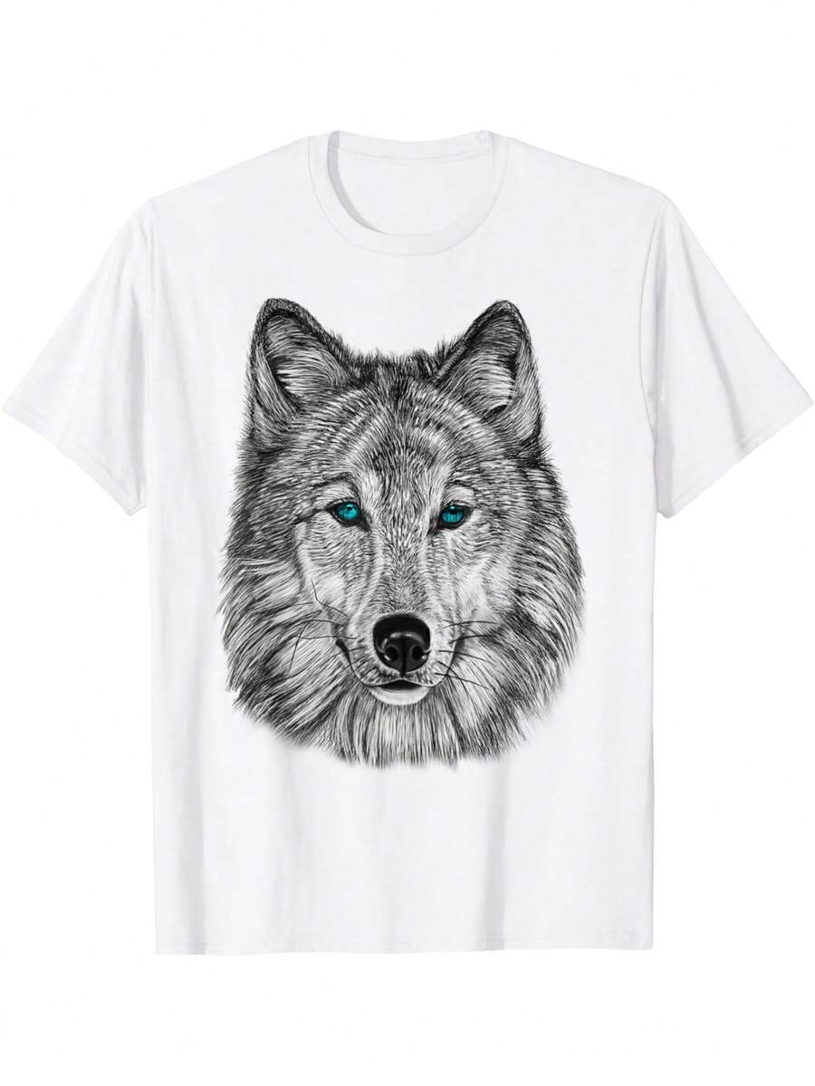 T-shirt graphique noir et blanc avec imprimé visage de loup intrépide - Blanc - Voir 1