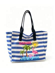 Large Capacity Blue & White Striped Beach Tote Bag, Summer Theme "SUNSHINE" Print, Foldable Canvas Shoulder Bag, Waterproof & Sandproof Travel Bag, Suitable For Summer Essentials, Perfect For Beach Trips, Swimming, Shopping And Daily Use, Ideal For Women, Travelers And Beach Lovers, Great For Spring Break, Easter, Vacation And Gifts, Can Be Used As Beach Bag, Shopping Bag And Travel Companion, Back To School Gift - Multicolor - View 14
