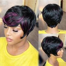 Natural Ombre 1B/27 Gradient Pixie Short Wig, Full Lace Human Hair Wig, 4 Inch Short Wig, Brazilian Remy Layered Wig, Short Pixie Wig, Human Hair Wig For Women, Burgundy 1B/99J Multicolor Lace Front Wig, Halloween And Christmas Costume - S1B/99J - 查看 5