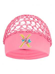 Floral Embroidered Letter Mesh Cap For Women - Personalized Initial Alphabet Elastic Wide Band Hair Bonnet, Crochet Hollow Out Night Sleep Hat - Pink - View 21