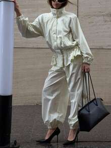 1pc Solid Color Woven Fabric Pleated Decor Women's Regular Jacket For Daily Wear All Seasons - Beige - View 6