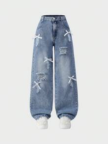 Girls' Distressed Wide Leg Jeans With Bow Decor, Elastic Waist Loose Fit Denim Pants, Casual Streetwear Back To School Outfit, Autumn/Winter - Medium Wash - View 4