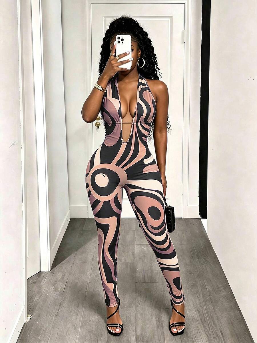 DVSLOE Women's Y2K Sexy Abstract Wave Print Halter Neck Jumpsuit, Deep V-Neck Backless Fitted Sleeveless Romper, Suitable For Nightclub, Party And Date Outfits - Coffee Brown - View 1