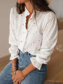 EARO Women's Vintage White Hollow Lace Blouse, Ruffled High Collar, Semi-Sheer 3/4 Sleeve Top - White - View 2