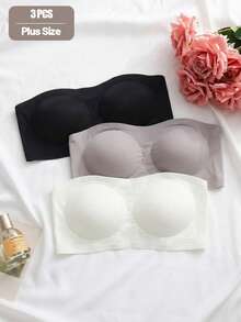 2pcs Plus Size Women's Seamless Strapless Bra, Soft Non-Slip Design, Adjustable 4-Row Hook And Eye Closure, Invisible Bra For Daily Wear, Suitable For Casual And Special Occasions - Multicolor - View 3