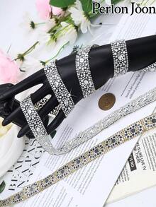 2Yard/72Inch White Hot Fix Rhinestone Glass Ribbon Crystal Bling Stickers Bedazzling Strips Rhinestone Trim Chain Tape Decorative Shoes Clothing Accessories - E 2 Yards/72 Inches - View 4