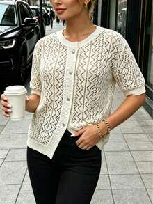 Plus Size Solid Color Casual Fashion Round Neck Hollow Out Button Knit Cardigan Summer - Apricot - View 1