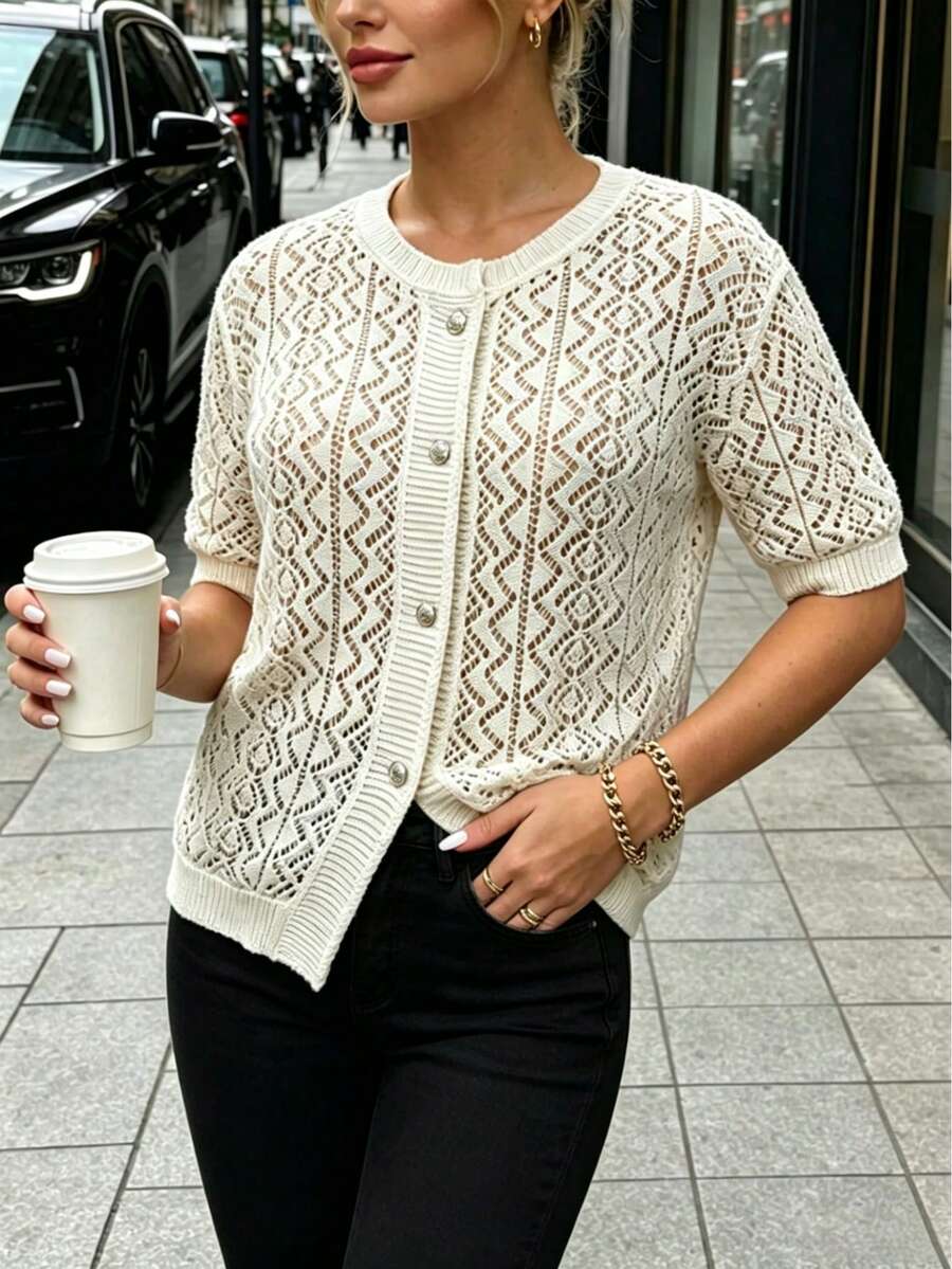 Plus Size Solid Color Casual Fashion Round Neck Hollow Out Button Knit Cardigan Summer - Apricot - View 1