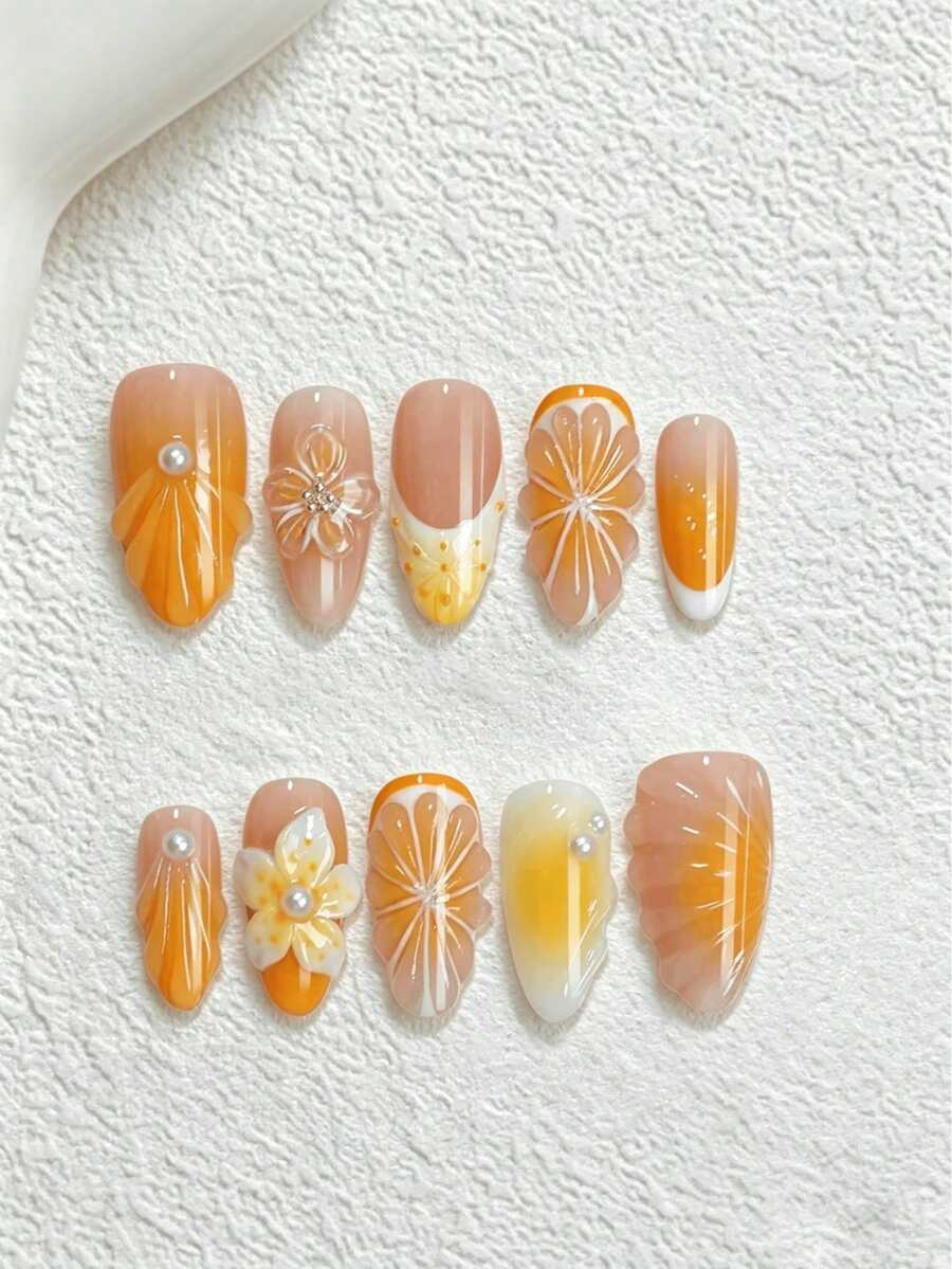 10片中號杏仁形手工美甲貼，漸層粉色壓克力美甲貼花 3D 花卉設計，金箔與水鑽裝飾，DIY 法式美甲套組，適合女性與女孩日常佩戴，美甲用品，女孩禮物，節日派對禮物，美甲配件