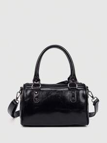 Women's Black Glossy PU Boston Tote Bag, Metal Rivet Decor, Dual Handle Design, Top Handle And Detachable Crossbody Strap - Black - View 3