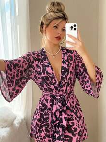 Pink Leopard Print Deep V-Neck Tie Waist Fitted Long Sleeve Sexy Mature Style Nightgown, Suitable For Vacation, Party Or Date - Multicolor - View 3