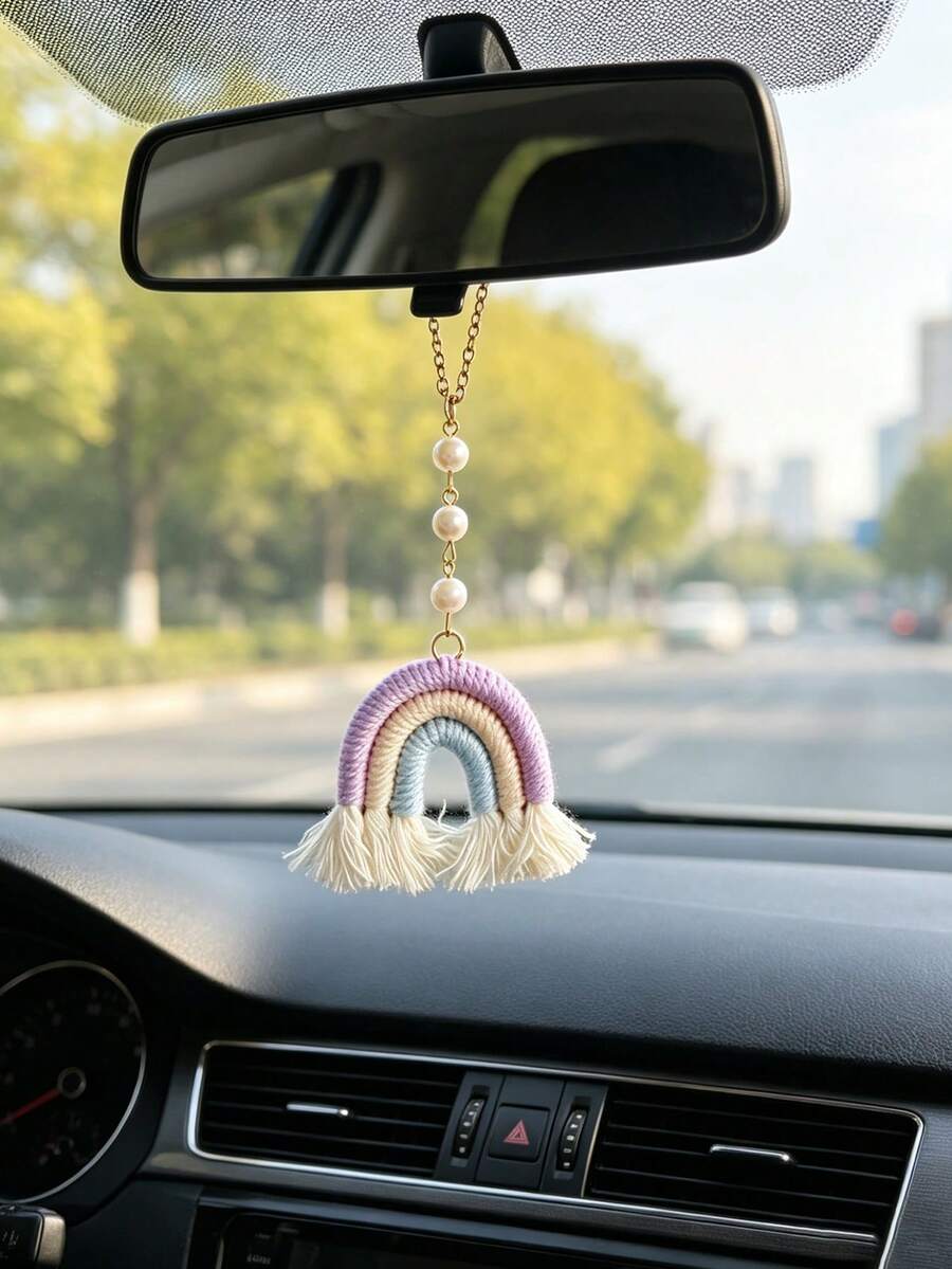 1pc Pearl Decorated Woven Rainbow Car Rearview Mirror Hanging Ornament, Car Interior Decorative Pendant - A - View 1