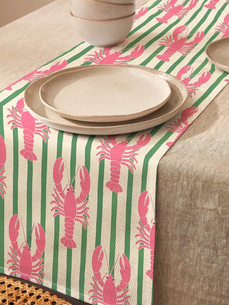 1pc Fresh Contrast Color Lobster Pattern Printed Linen Table Runner, Placemat, Suitable For Holiday, Party, Birthday, Dinner, Kitchen, Dining Room Table Decoration, Shoe Cabinet Storage Cabinet Cover, All Season Room Decoration, Home Textile Decoration Table Runner, Placemat - Multicolor - View 1