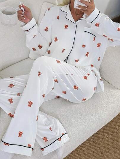Nina Bonheur 2pcs Women's Notch Collar Long Sleeve Pajama Top + Long Pants Comfortable Casual Loungewear Cute Homewear Set