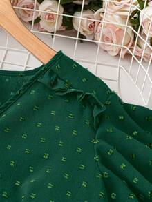 Blus Jacquard Hijau Tua Wanita Leher V Berkerut Lengan Pendek Longgar Pas Ramping Kemeja Komuter Liburan Musim Panas - Dark Green - View 4