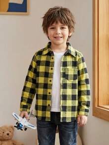 Long-Sleeved Flannel Plaid Shirt - Yellow Checkered - View 2