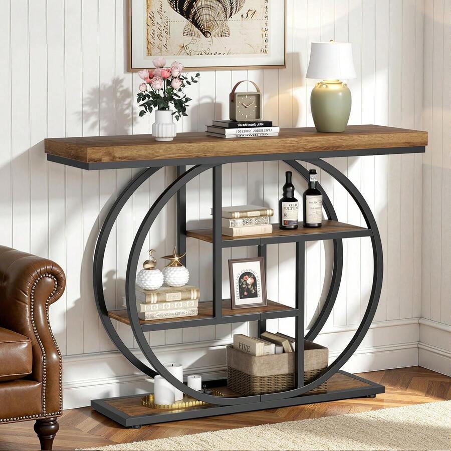 Console Table With Circle Base, Industrial Narrow Entryway Table With Storage, 4-Tier Wood Sofa Table For Living Room, Hallway, Rustic Brown - Rustic Brown - View 1