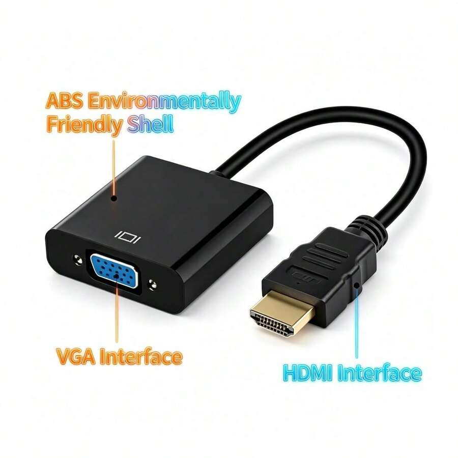 To VGA Adapter Cable, 19-Pin Video Converter Compatible With PC Laptop Monitor, Full HD 1080P VGA Adapter, Suitable For Dorm, Home, Office, Business And Gaming Use - Black - View 1