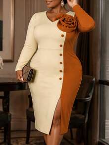 Women Plus Size Color Block Bodycon Dress V Neck Long Sleeves 3D Floral Button Slit Elegant Church Party Wedding Guest Fall Outfit - Khaki - View 2