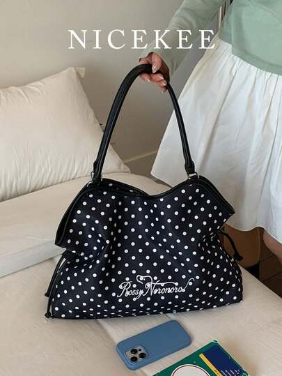 Leisure Multifunctional Shoulder Bag, Classic Large Capacity Synthetic Leather Shoulder Strap Tote Bag, Niche Design Contrasting Wave Dot Handbag