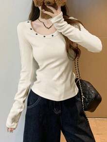 Spring Korean Style Low Round Neck Rivet Elegant Slimming Design Long Sleeve Base Layer T-Shirt Top - Apricot - View 3