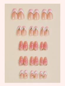 30 pièces Autocollants d'ongles en gel 3D de forme amande moyenne, dégradé rose nude avec effet de vague d'eau, manucure française, décoration de perles métalliques en forme d'étoile dorée, style minimaliste élégant, convient pour le bureau quotidien, les rendez-vous, les mariages, les vacances, les salons de manucure, accessoires d'ongles pour femmes - Multicolore - Voir 2