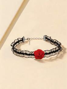 1pc Women's Vintage Fashion Elastic Mesh Wavy Rose Flower Choker Necklace Gothic Collarbone Chain Necklace - Multicolor - View 2