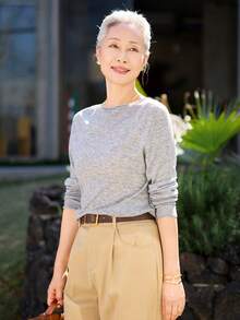 女款時尚灰色針織毛衣上衣，柔軟長袖上衣，適合萬聖節、感恩節、聖誕節及週末穿搭 - 淺灰色 - 查看 3