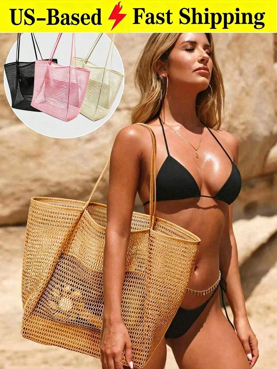 Large Mesh Beach Bag For Women Sandproof Tote Shoulder Handbag Travel Bag Makeup Bag Toiletry Bag Summer Pink Purse For Pool Travel Picnic Vacation - 彩色 - 查看 1