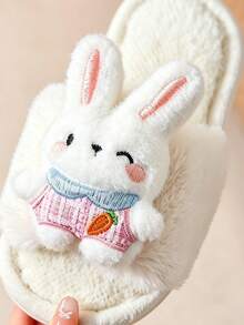 1雙女童秋冬款3D刺繡兔子毛絨拖鞋，INS風柔軟蓬鬆胡蘿蔔裝飾室內防滑保暖拖鞋，適用臥室、宿舍、居家 - 白色 - 查看 6