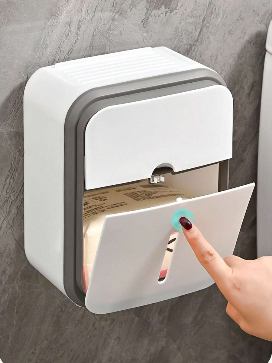 1pc/2pcs/3pcs Mixed Set (Tissue Box Main Product + Transparent Sticker Accessories) Large Capacity Wall-Mounted Drill-Free Tissue Box, Waterproof Drawer Storage Box, Suitable For Toilet Paper, Ideal Bathroom Decor Choice, Toilet Paper Holder, Bathroom Accessories, Toilet Paper Rack, Bathroom Shelf, Tissue Box, Bathroom Decoration