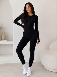 Women's Ribbed Jumpsuit With Front Zipper And Long Sleeves - Black - View 1