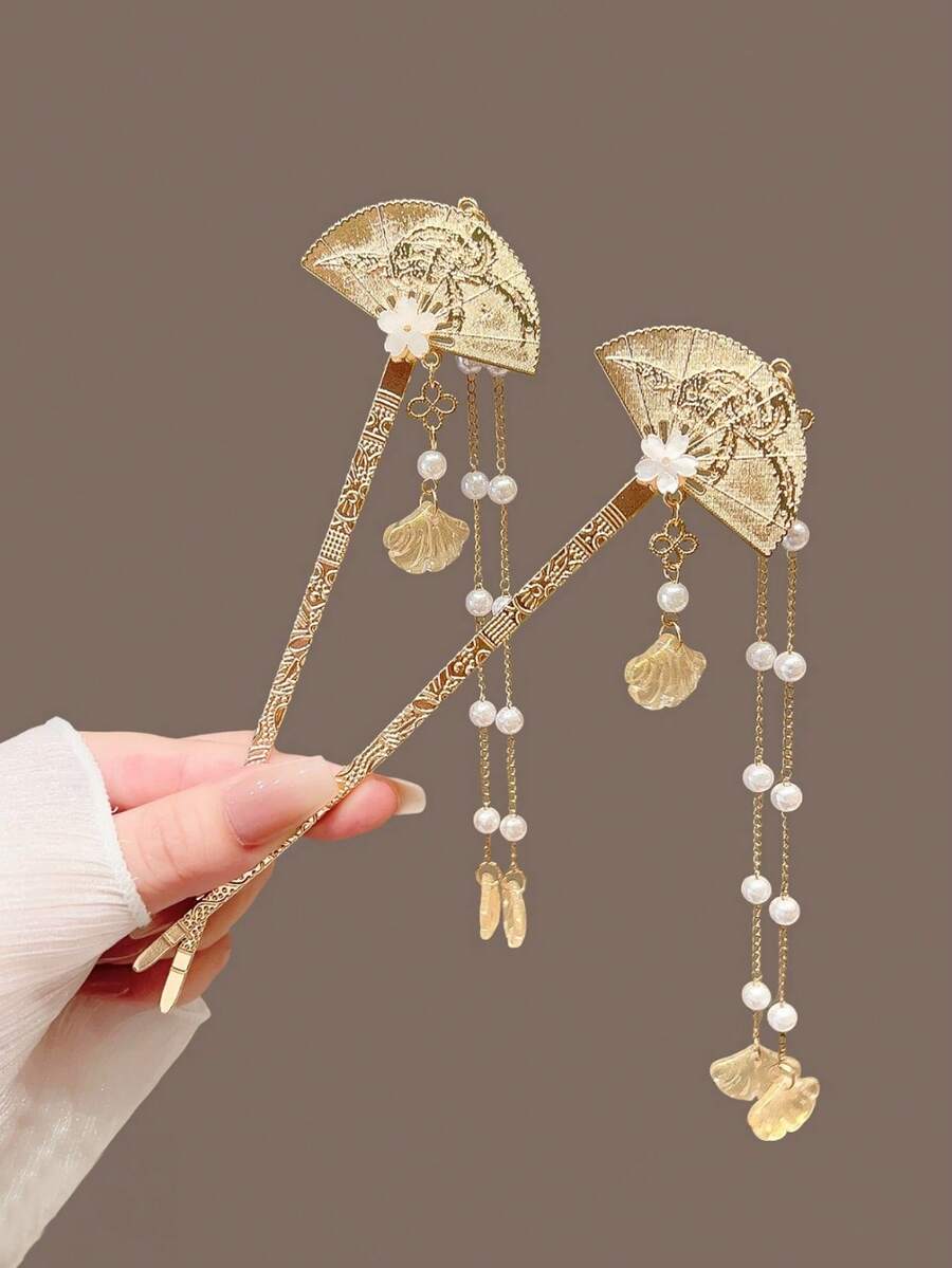1/2pcs Women's New Rocking Fan Pearl Tassel Hair Clip Round Disc Hair Accessory - Multicolor - View 1