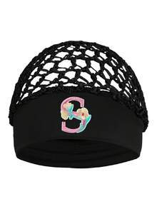 女款花卉刺繡字母網紗帽－個性化字母首字母彈性寬邊髮帽，鉤編鏤空夜間睡眠帽 - 黑色 - 查看 21