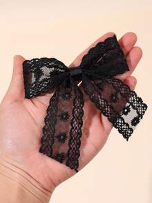 2件裝純色蕾絲女童髮蝴蝶結，黑色刺繡花朵髮夾，適合夏季婚禮派對髮飾，仙女風髮夾，嬰兒髮飾 - 黑色 - 查看 4