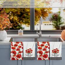 2/4/48pcs Red Poppy Pattern Printed Kitchen Towels - Ultra Soft, Highly Absorbent Polyester Tablecloths And Hand Towels, Perfect For Holiday Decor, Kitchen Decor, Party Decor - Multicolor - View 11