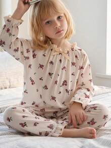 Sweet Spring/Autumn Girls French Vintage Floral Long Sleeve & Long Pants 2 Pieces Set, Soft Fabric Pajamas, Suitable For Daily Home Leisure Wear - Apricot - View 2