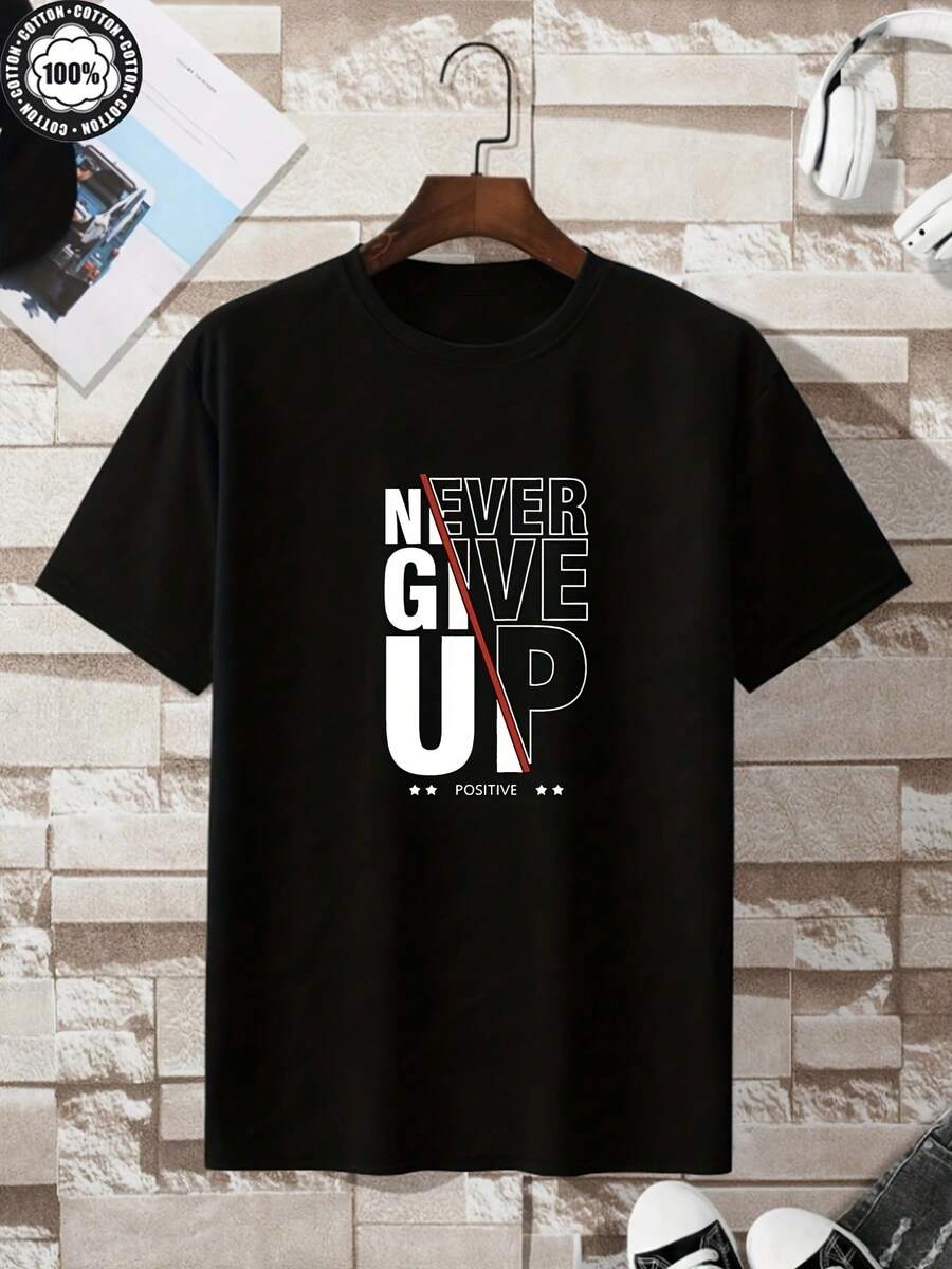 2025New Summer Collection Of Plus-Size Men's Clothing With Stylish Lettering And Inspirational Designs'Never Give Up,Positive And Uplifting' And - 黑色 - 查看 1