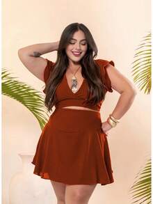 Conjunto Curve Short-saia E Cropped Amarrar Plus Size - Terracota - Visão 4