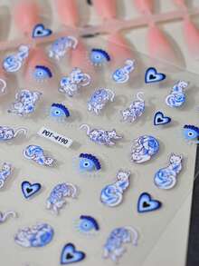1pc Blue Floral Cat Evil Eye Nail Stickers Gradient Heart Nail Sliders Self-Adhesive Disposable Embossed Nail Decor INS Style Suitable For Holiday Party Daily - 彩色 - 查看 5