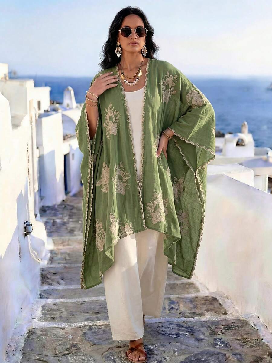 1件優雅花卉圖案波西米亞刺繡開襟披肩女款和服式罩衫,沙龍裙春/夏外穿海灘度假防曬刺繡開襟衫,時尚百搭奢華裝飾,適合日常穿著,送禮首選 - 綠色 - 查看 1